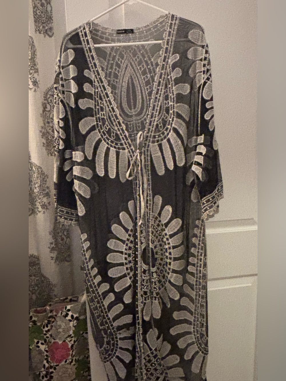 SHEIN Black Maxi Swim Cover-Up with Cream Embroidery